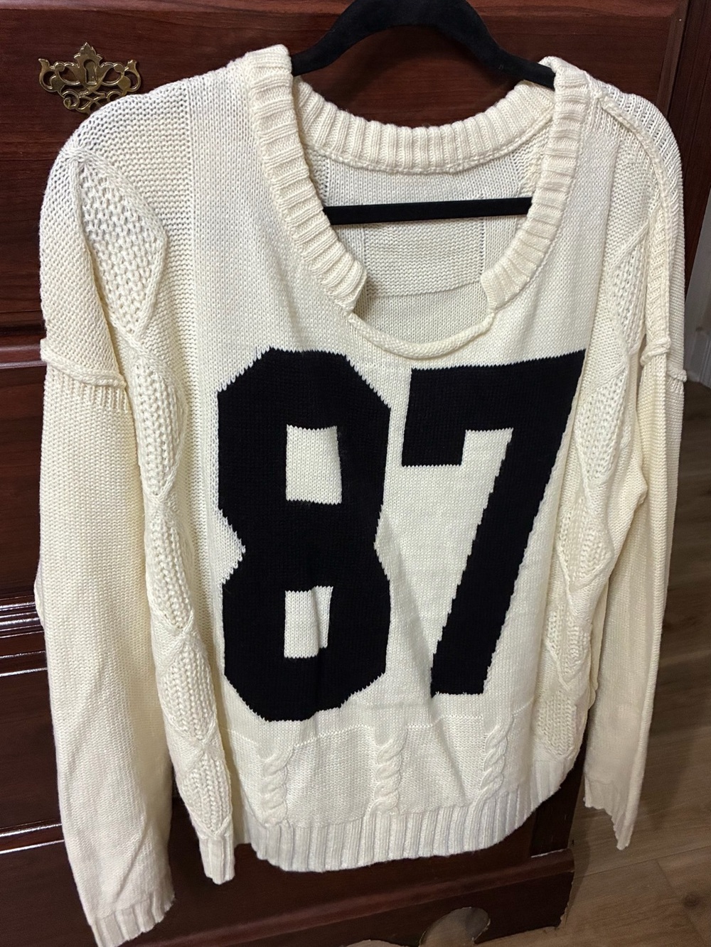 Cream Knit Sweater with Black '87' Graphic